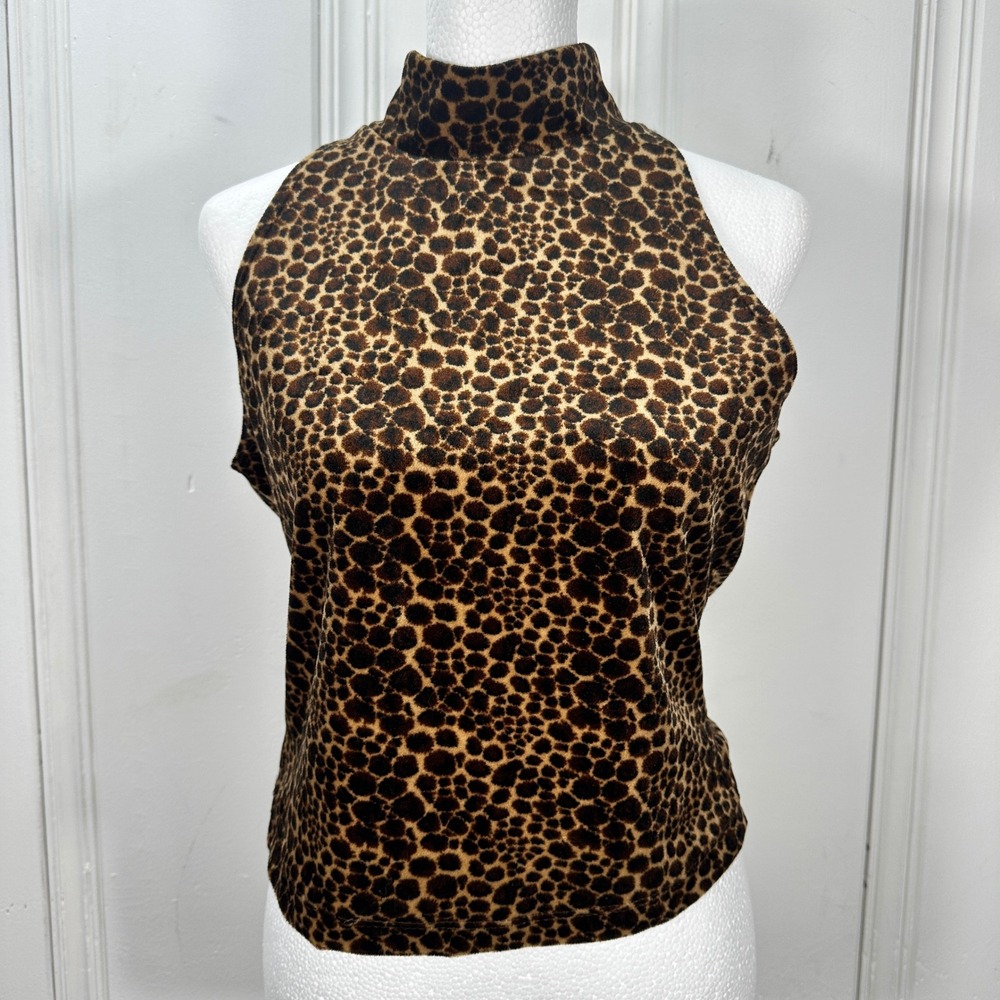 Vintage 90s Michelle Rose Leopard Velvet Mock Neck Sleeveless Top Y2K